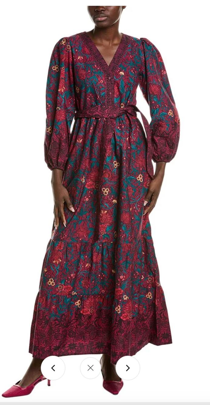 Celina Moon Myrna Merlot Long Sleeve Floral Maxi Dress Womens Large